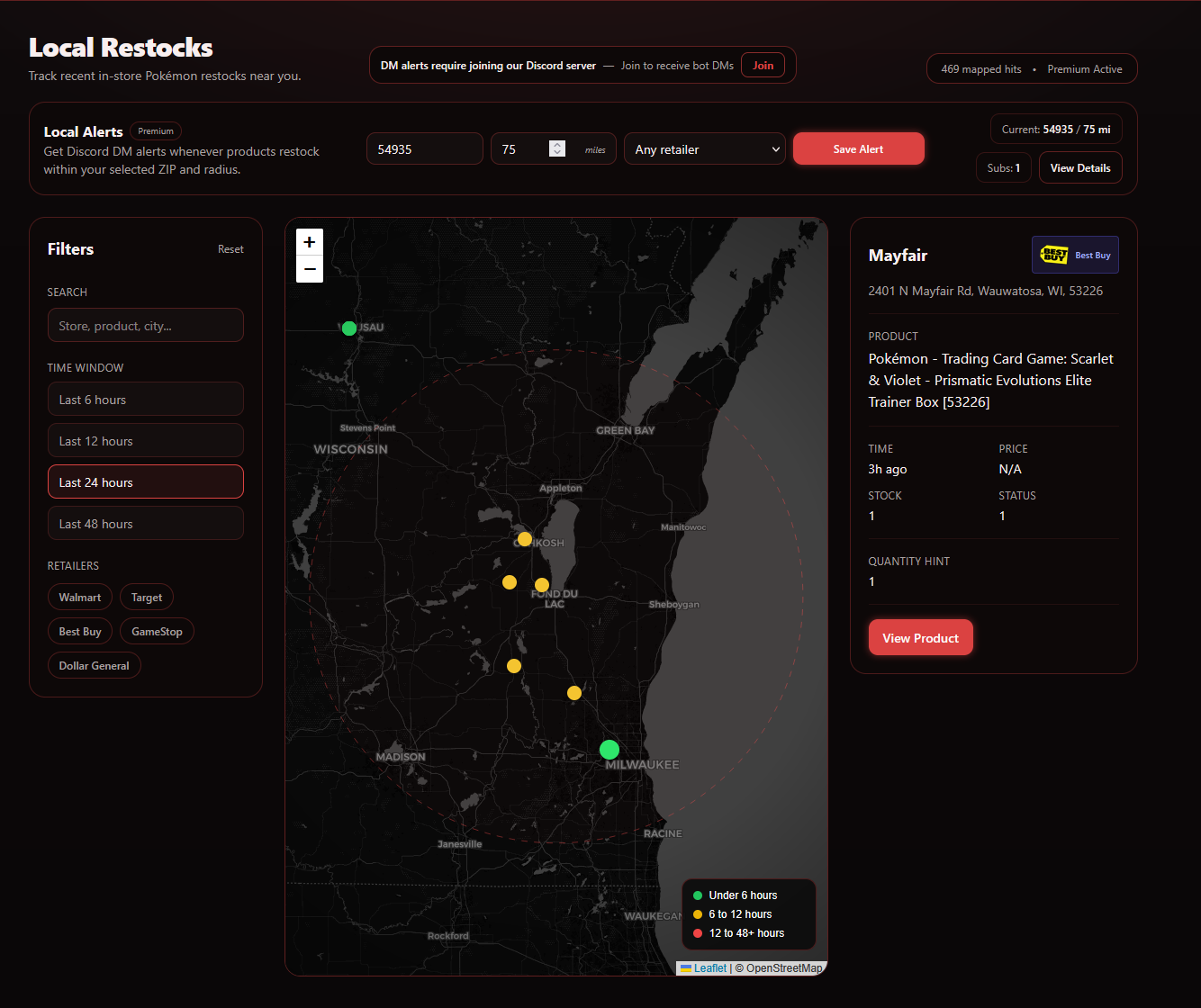 DropNotify Local Restocks dashboard preview with ZIP radius map and alert controls